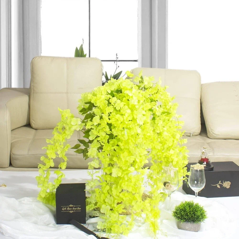 12 Pack Artificial Flowers Silk Wisteria Vine Ratta‎ Hanging Flower (Green)